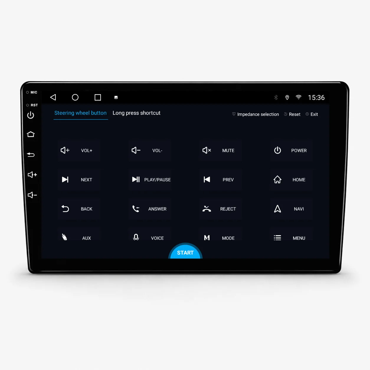 Novo Nav head unit displaying steering-wheel control setup